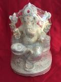 Carved Wood Embellished Lord Ganesha Statue Sitting on Gaddi Carved Wood Embellished Lord Ganesha Statue Sitting on Gaddi