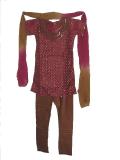 Cotton Silk Churidar Kurta For Kids In Violet Red & Brown