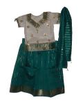 Pattu Langa For Girls, Cream Blouse & Green Striped Pavada