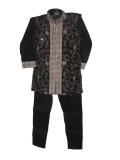Kids Sherwani Kurta Pajama Suit In Black Tissue Silk