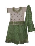 Traditional Cream & Green Pattu Langa Dress For Kids