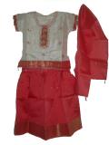 Pattu Pavadai Blouse For Kids In Pink & Cream With Beadwork Pattu Pavadai Blouse For Kids In Pink & Cream With Beadwork