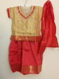 Kids Pattu Pavada In Pretty Coral & Beige