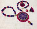 Colorful Pink, Blue & Gold Terracotta Necklace & Jhumkas Colorful Pink, Blue & Gold Terracotta Necklace & Jhumkas