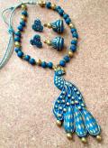 Lovely Hand Carved Clay Peacock Pendant & Jhumka 