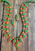 Eco-friendly Green, Orange & Gold Clay Necklace & Earrings Set Eco-friendly Green, Orange & Gold Clay Necklace & Earrings Set