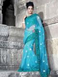 Teal Blue & Green Patch Work Designer Net Saree Teal Blue & Green Patch Work Designer Net Saree