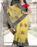 Designer Yellow Net Saree /w Resham, Zari & Patch Work