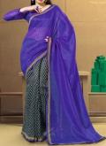 Bhagalpuri Silk Saree Half & Half in Blue / Black /w White Motif