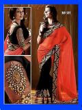 Black & Peach Half & Half Georgette Saree /w Designer Blouse