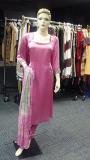 Shimmering Pure Silk Pink Salmon Designer Churidar Suit (L)